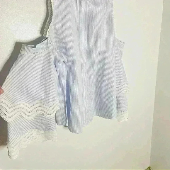 NWT Jonathan Simkhai Button Front Cold Shoulder Pinstripe Bell Sleeve Blouse - Picture 6 of 7